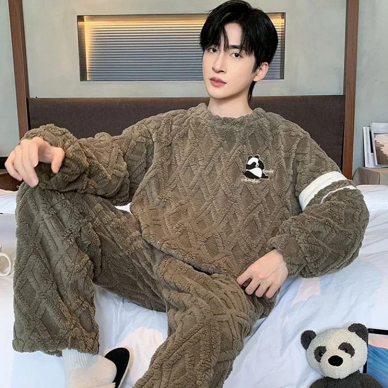 High Quality Men Pajamas Suit Coral Velvet Winter Warm Loose Fitting Thick Plush Flannel Sleepwear Set Home Wear Male Nightwear