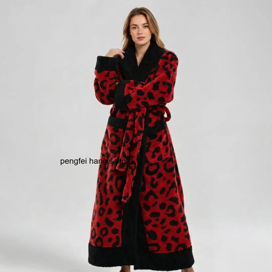 Autumn Winter Flannel Bathrobe, Multi-Color Leopard Print Lapel Collar Double Pockets Extra Long Sleep Robe for Men Women