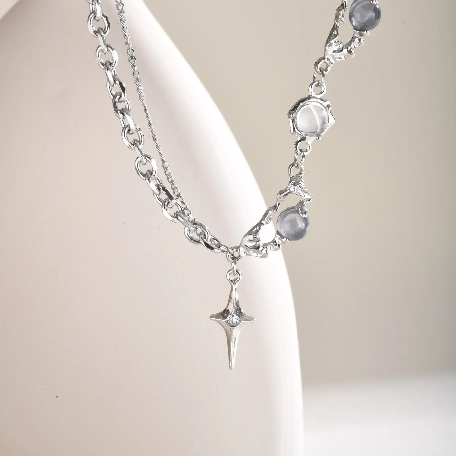 Stainless Steel Four-pointed Star Necklace,Grinding Chain Batch Angle Chain Resin Bead Alloy Accessories Cross Pendant Necklace