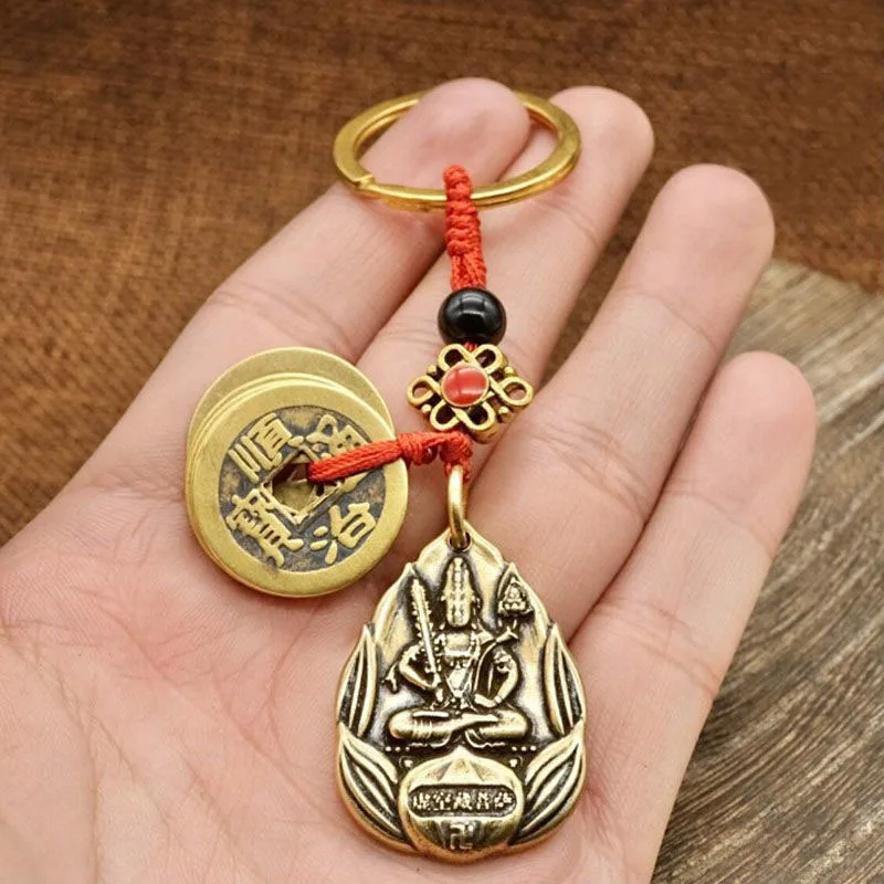 Vintage Brass Eight King Kong Guardian Keychain Creative Braided Rope Qing Dynasty Five Emperors' Coins Lettering Card Copper Go