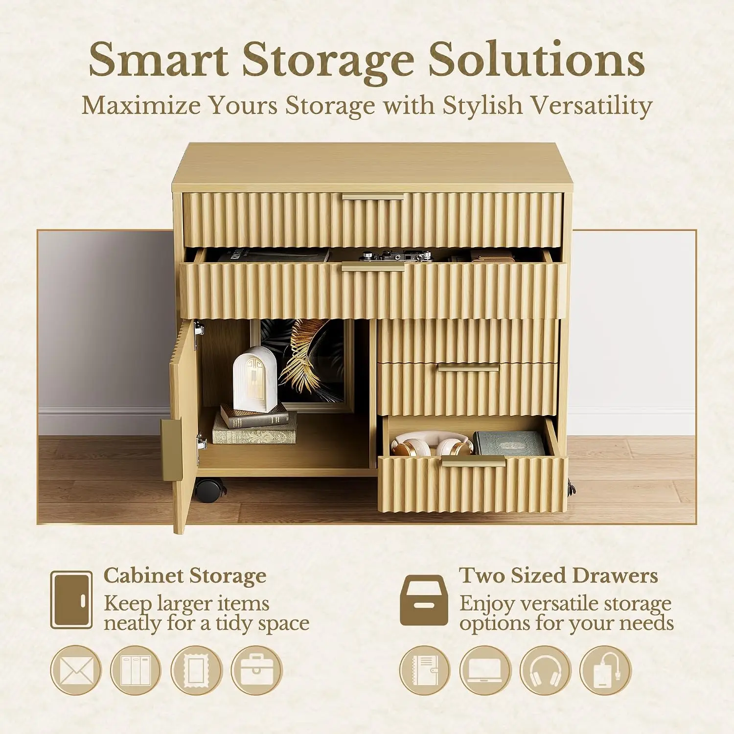 Fluted File Cabinet 5 Drawers Storage Cabinet Door Mobile Lockable Wheels Home Office Light Walnut, Customized