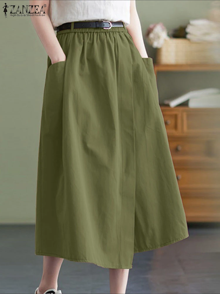 

2025 ZANZEA Vintage Solid Midi Skirts Women Autumn Sundress Casual Elastic Waist Baggy Jupes Stylish A Line Work OL Faldas Saia