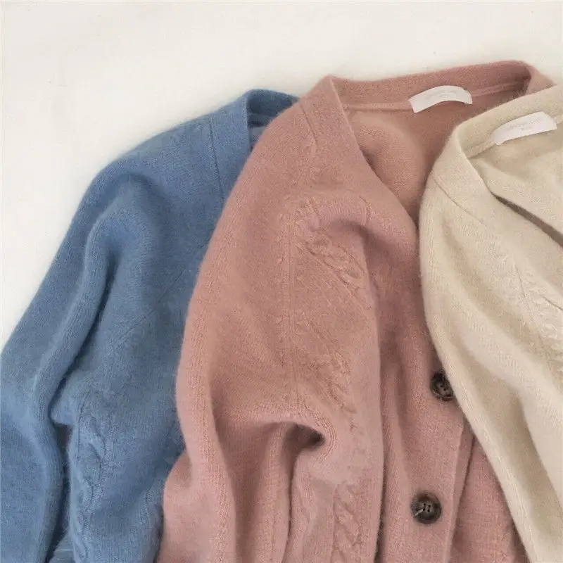 2021 Winter Women Loose Oversize Short Cardigan Sweet Knitted Jacket Coat Casual Thin Lazy Style Sweaters Coat Woman Pink Beige