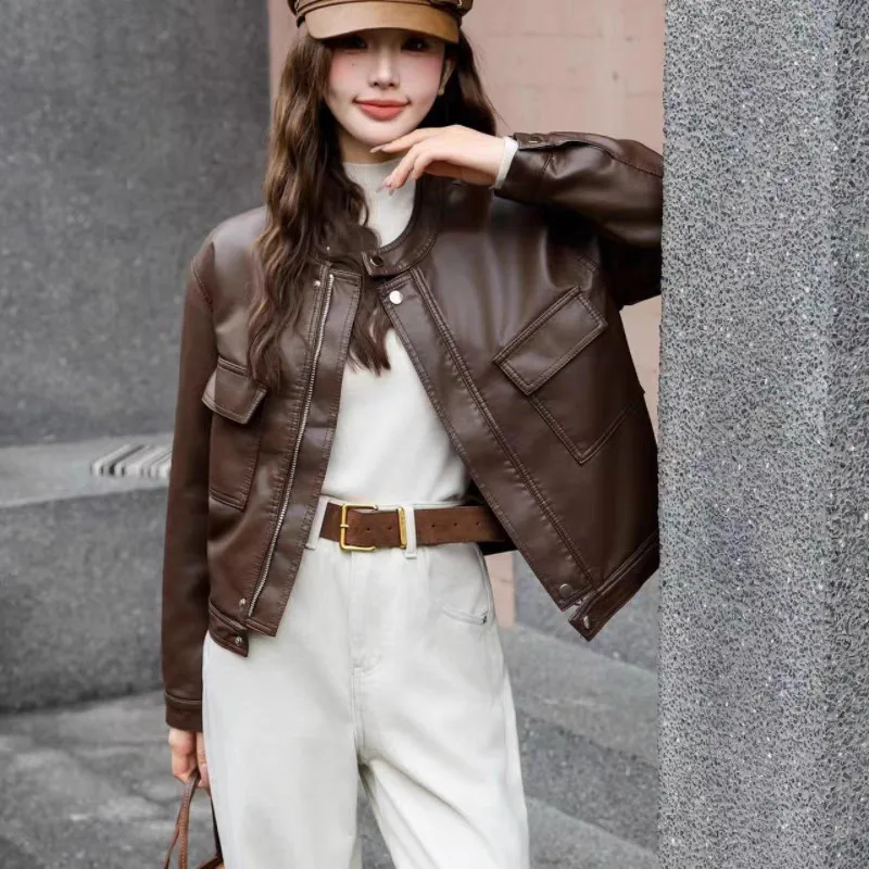 Giacca da donna in pelle moda pendolarismo minimalista coreana con design corto in PU lavato sottile, piccola statura, versatile alla moda