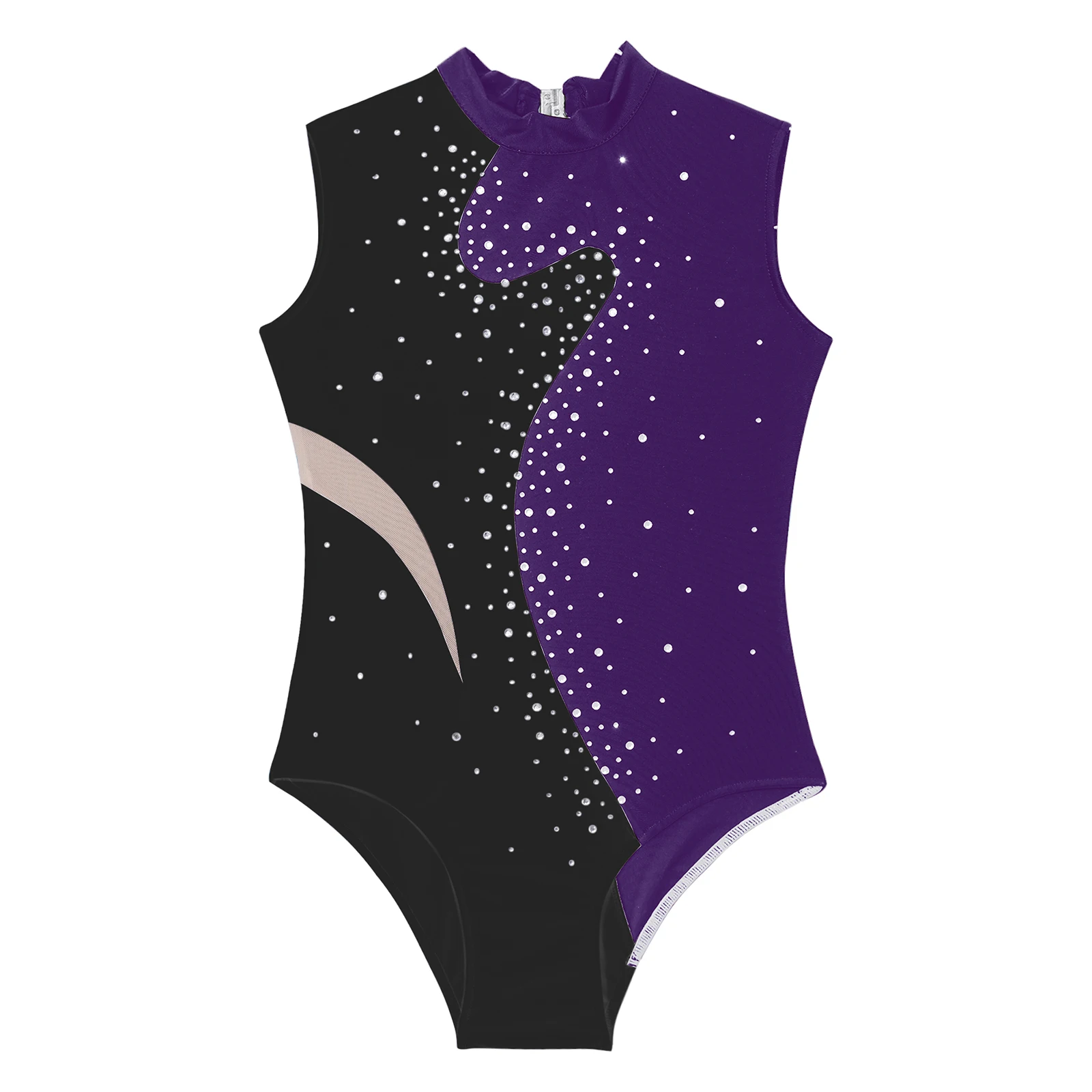 Kids Girls Ballet Dance Gymnastics Leotard Sleeveless Sparkling Rhinestones Color Block Patchwork Bodysuit for Figure Skating