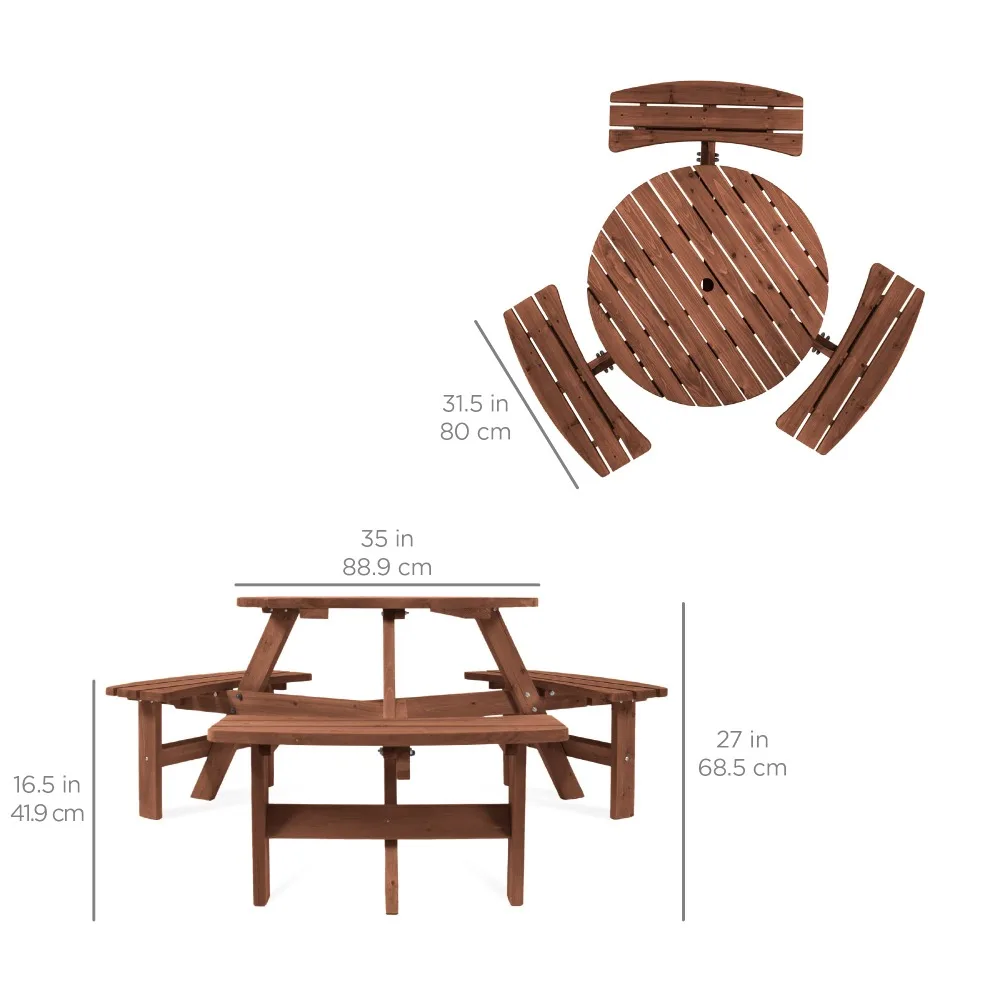 Mesa de piquenique em madeira para jardim, 6 pessoas, com 3 bancos embutidos, 500lb de capacidade, castanho nogueira