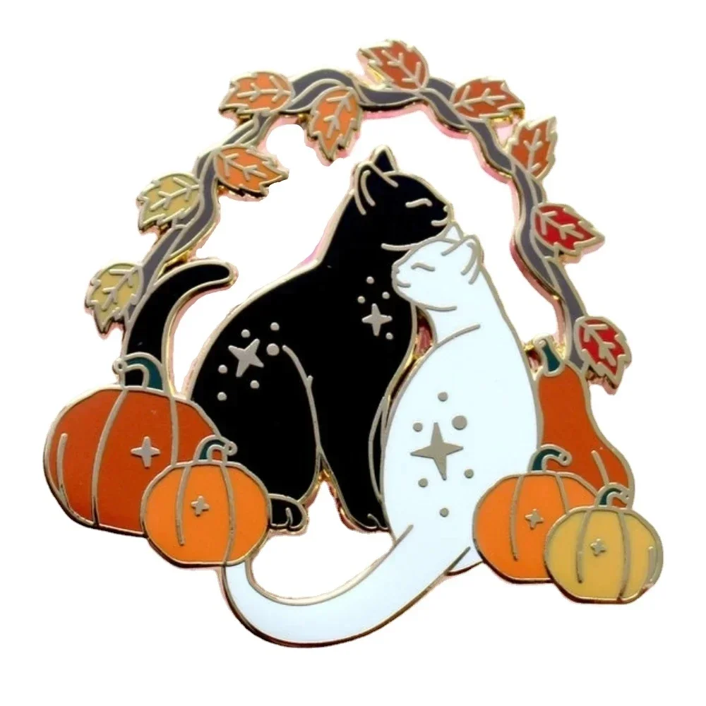 Pumpkin Cats Enamel Pin Black and White Autumn Fall Brooch Animal Badge Brooch Halloween Jewelry Accessory