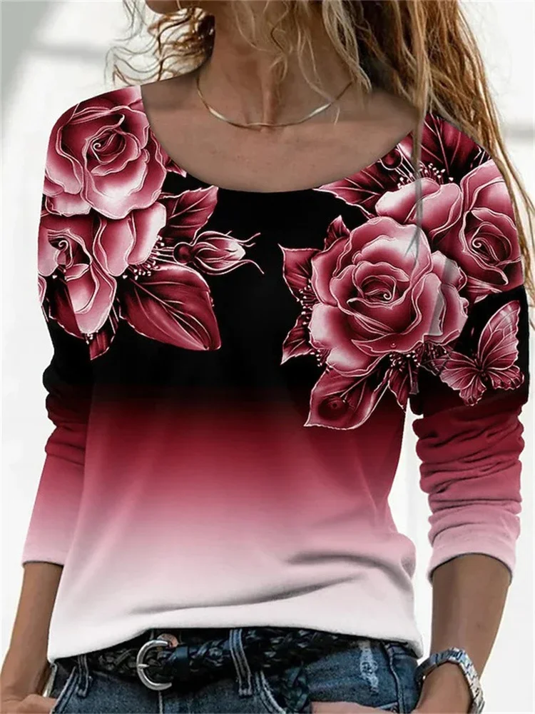 3D Floral Printing Long Sleeve Top Casual Women O-Neck T-Shirts Gradient Color Printed Loose Autumn Spring Fashion Clothes Lady