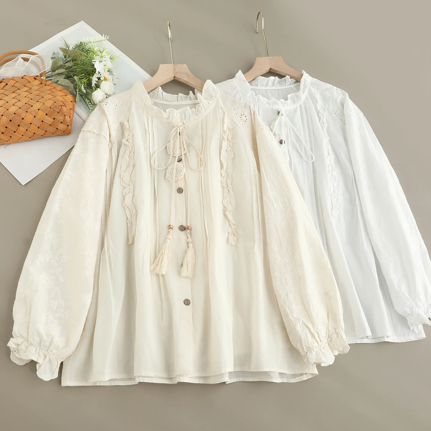 

Japanese Sweet Mori Girl Solid Color Embroidery Cotton Shirts Women Autumn Stand Collar Long Puff Sleeve Casual Loose Blouse Top