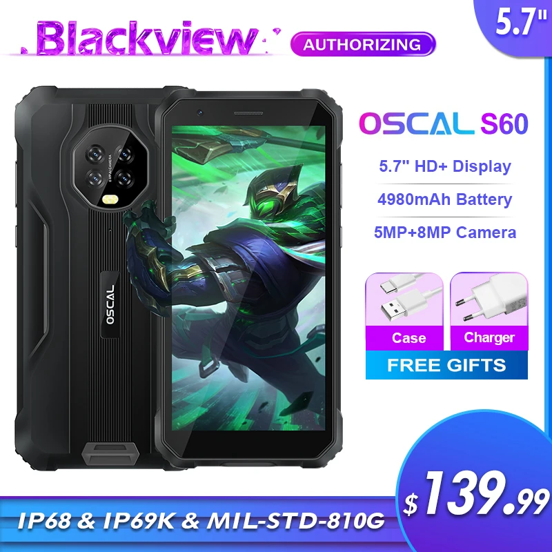 Blackview OSCAL S60 IP68/IP69K Waterproof Smartphone 4980mAh 5.7'' HD+ Display 5MP+8MP Camera Android 11 Quad Core Mobile Phone