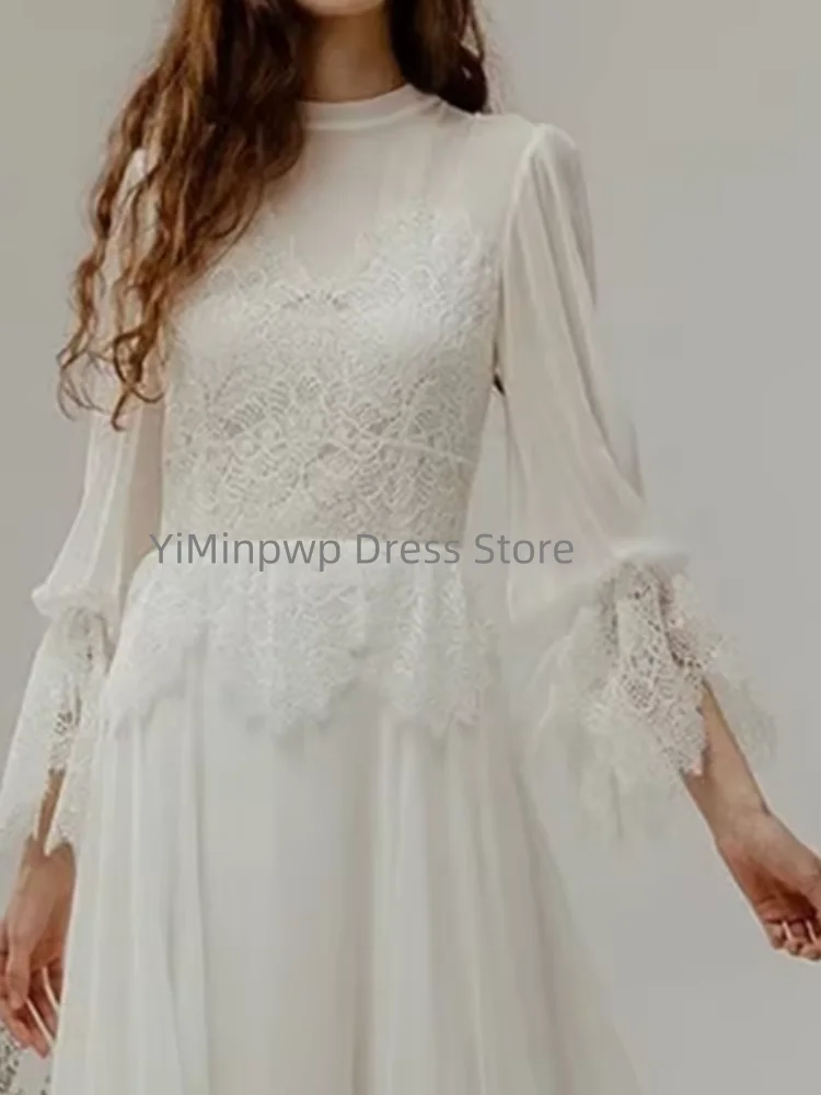 Vestidos de boda fluidos, cuello alto, manga abombada, corte en A, vestido de novia de gasa con botones de encaje, vestido de novia personalizado