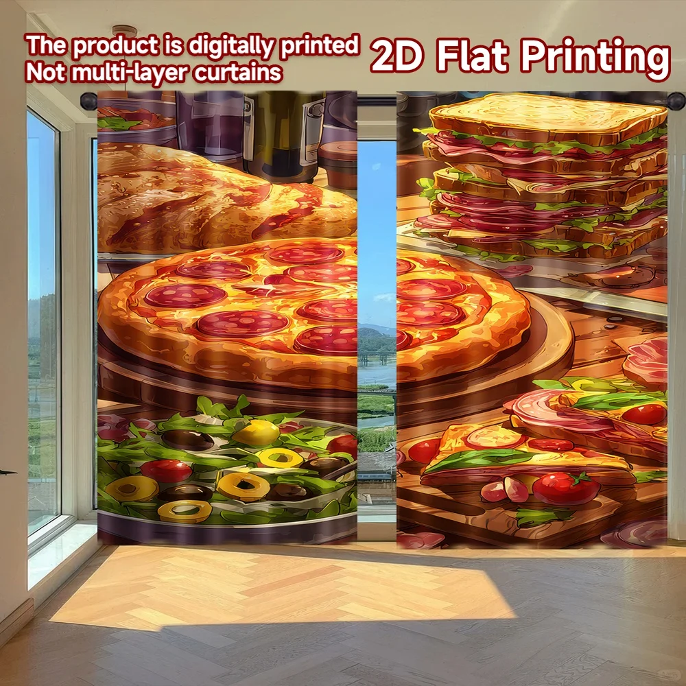 

2D flat printing 2pcs Party Curtains Pizza and Sandwich Feast Digital Printed Polyester Drapes Family Party Decoration for
