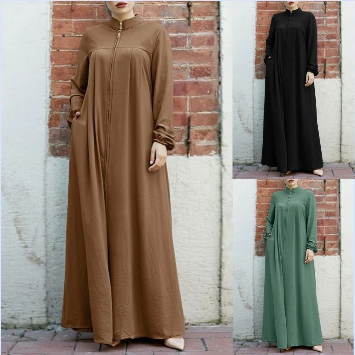 Vestidos Abaya tradicionales de Dubái para mujer, vestidos largos con bolsillos, ropa islámica, moda musulmana, cuello alto con cremallera, largo