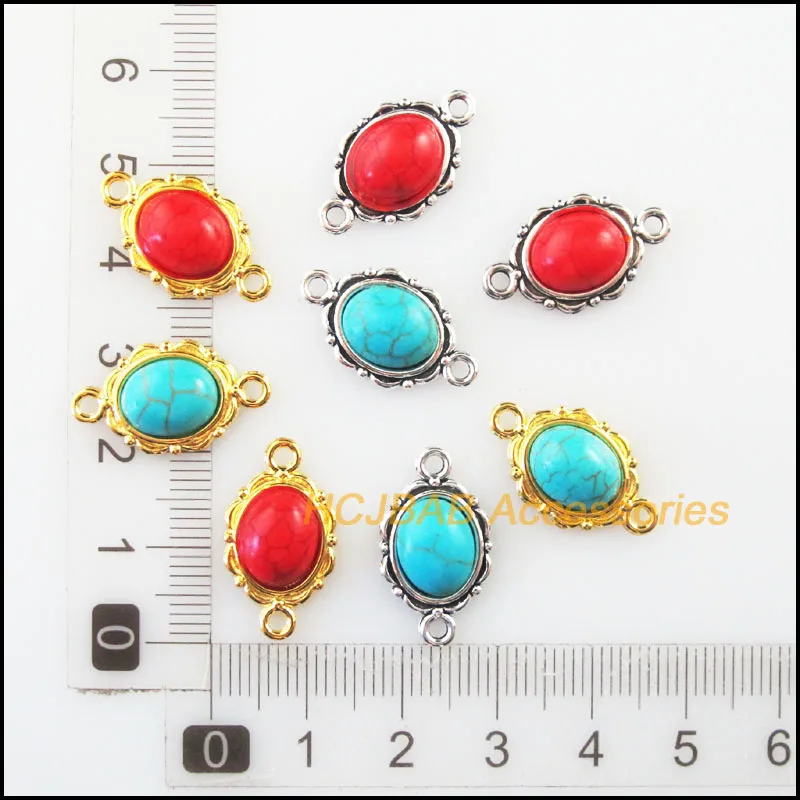 Fashion 20Pcs Retro Gold Color Tibetan Silver Tone Oval Flower Blue&Red Stone Charms Connectors 12x21mm