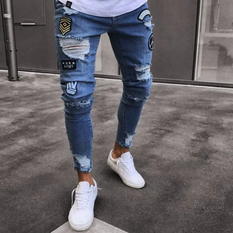 

European and American Fashion Slim-Fit Micro-Badge Jeans for Men, New Style Trendy Knee-Ripped Zipper Slim-Fit Denim Long Pants