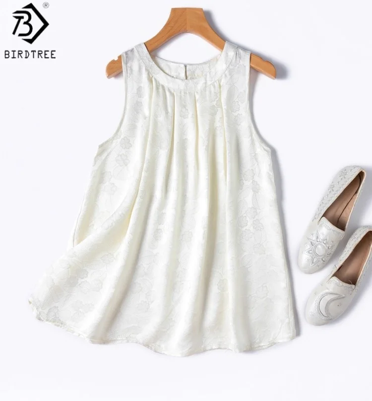 

Birdtree Women's 100% Mulberry Silk White Vest, Jacquard Satin Stand Collar Sleeveless Vest Tops,2025 Commute Style T57616JF
