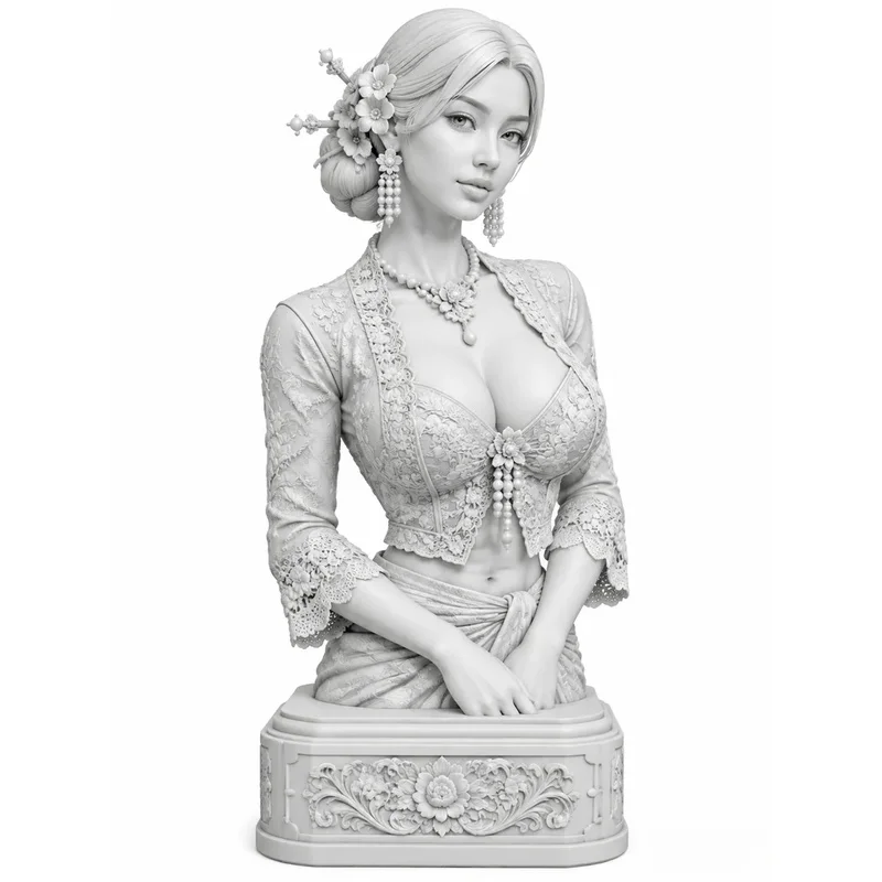 Elegant Asian Woman Bust Statue Thai Lady Figurine Lace Top Pearl Necklace Flower Hairpin 3D Printed Home Decor Art Gift