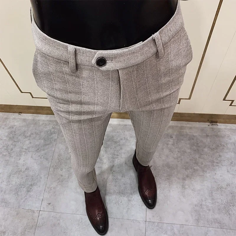 Pantalones de traje de lana a rayas para Hombre, Pantalones informales gruesos para mantener el calor, Pantalones de vestir ajustados, otoño e