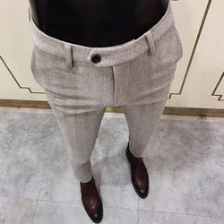 Calça masculina de terno listrado de lã, calça casual engrossa, aquecida, vestido justo, outono, inverno, 2022