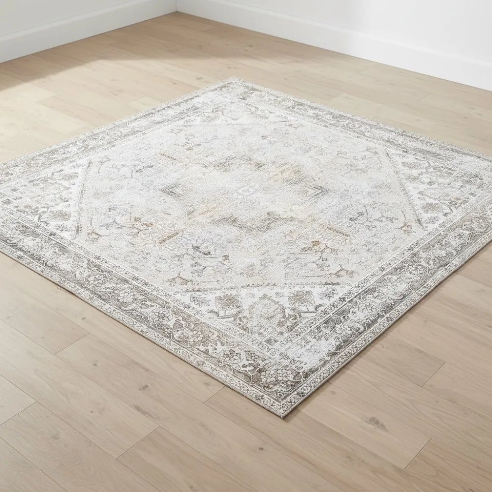 

Washable 6' Square Rug - Beige & Grey, Slip Resistant, Easy Clean for Living Room Bedroom