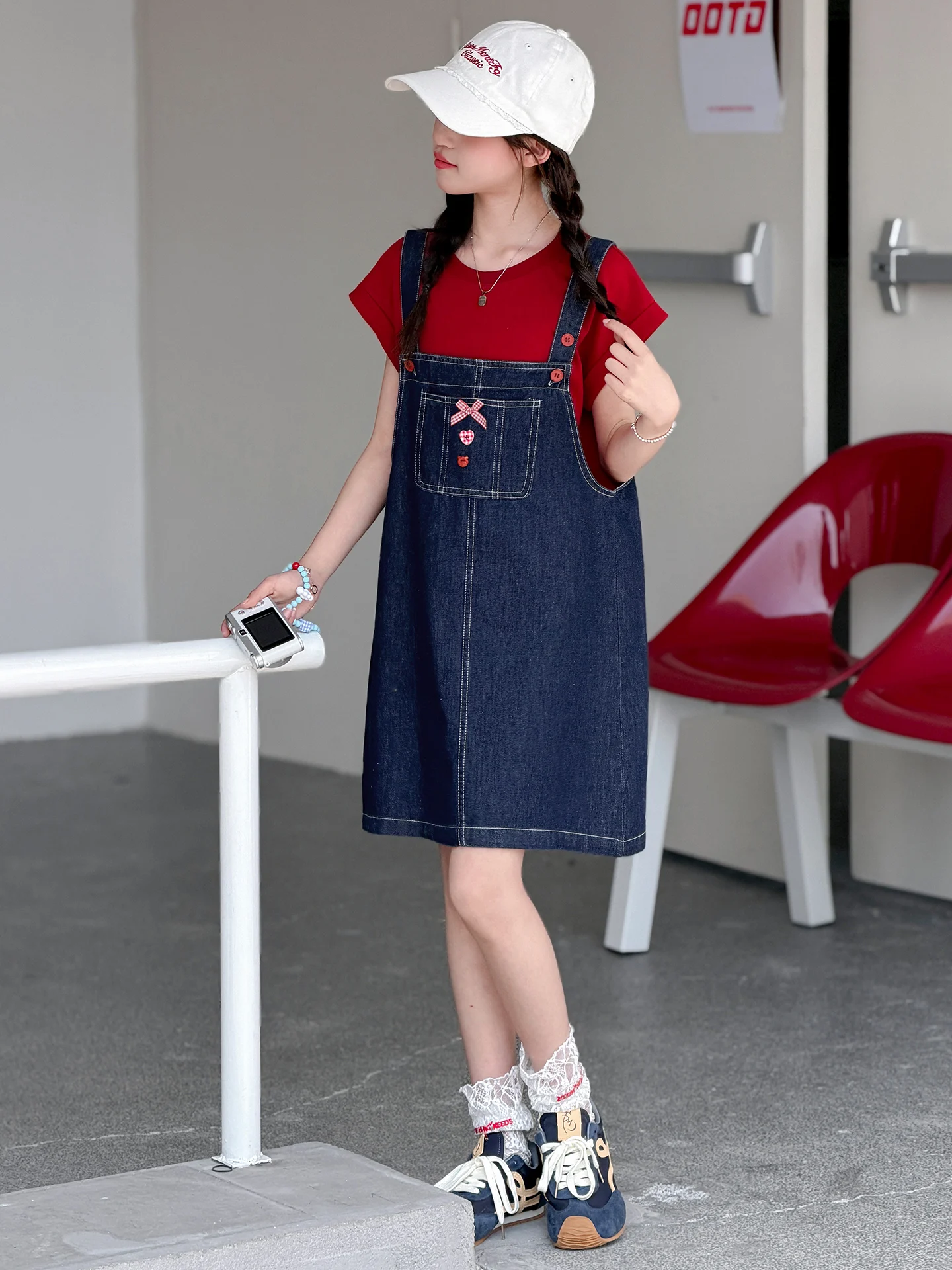 girls-summer-lightweight-denim-overalls-dress-set-breathable-quick-dry-anti-mosquito-wear-resistant-children's-clothing-set