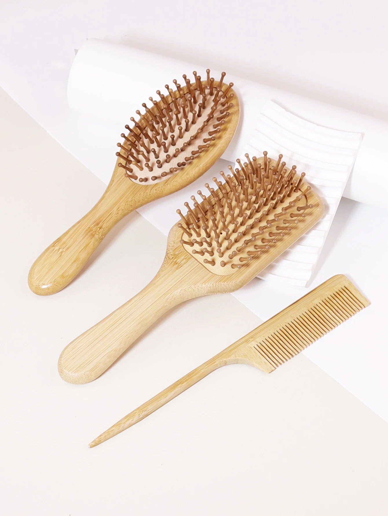 Natural bamboo hair brush set, anti-static fine toothed comb, scalp massage wooden paddle brush,Special for real hair wigs