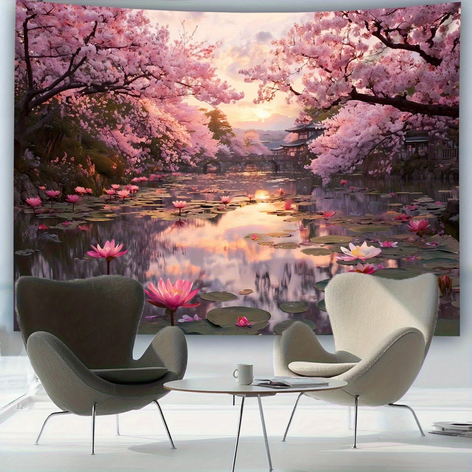 1pc Extra Large Japanese Cherry Blossom Sunset Tapestry - Pink Floral Lakeside Wall Hanging with Lotus Flowers, HD Printed Wrink
