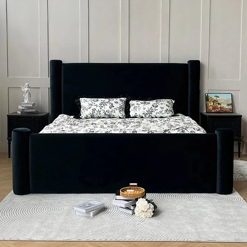 

navy blue fabric retro wind soft bag bed wabi sabi master bedroom double bed