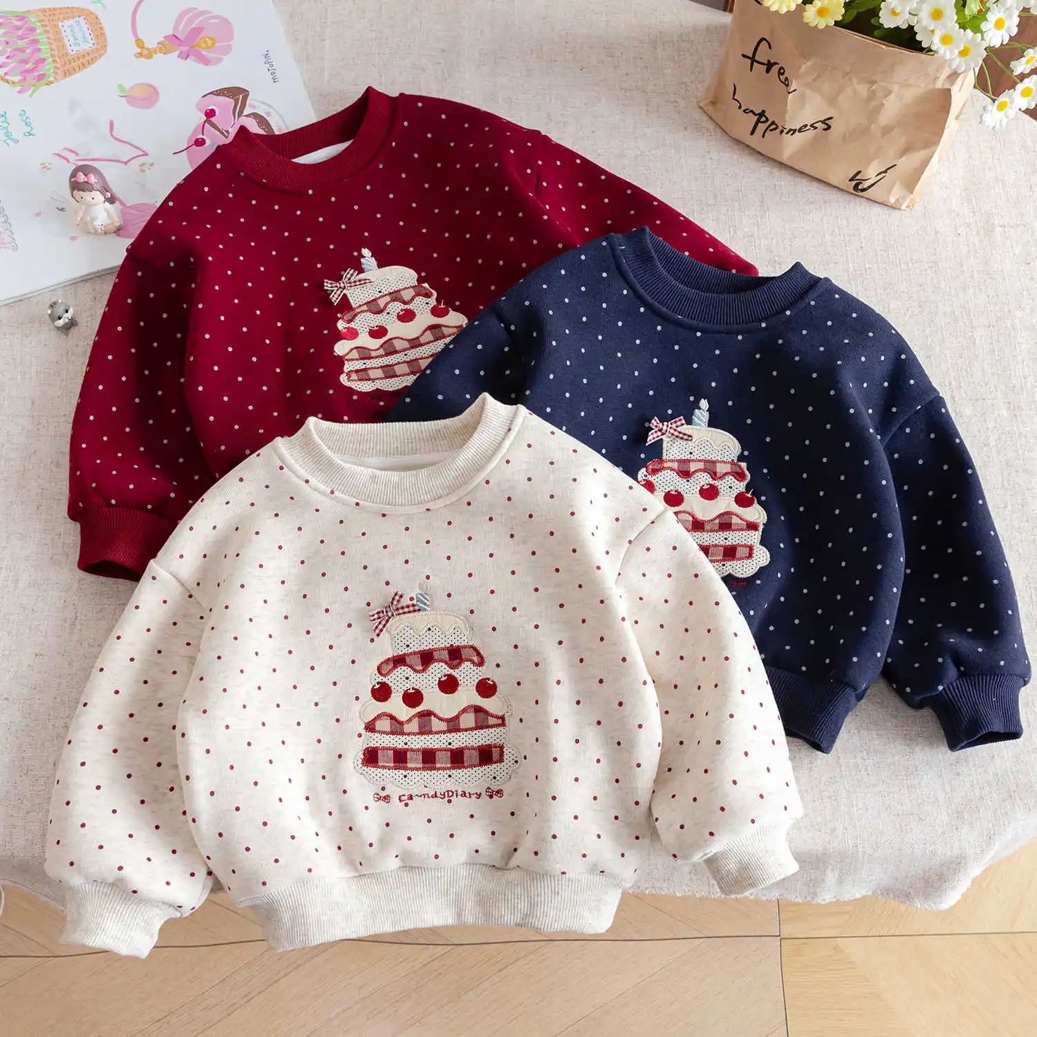 Kids Girls Fleece Sweatshirt Winter Cake Patch Infant Babys Girl Pullovers Plus Vlevet Thick Dot Toddler Little Girls Undershirt