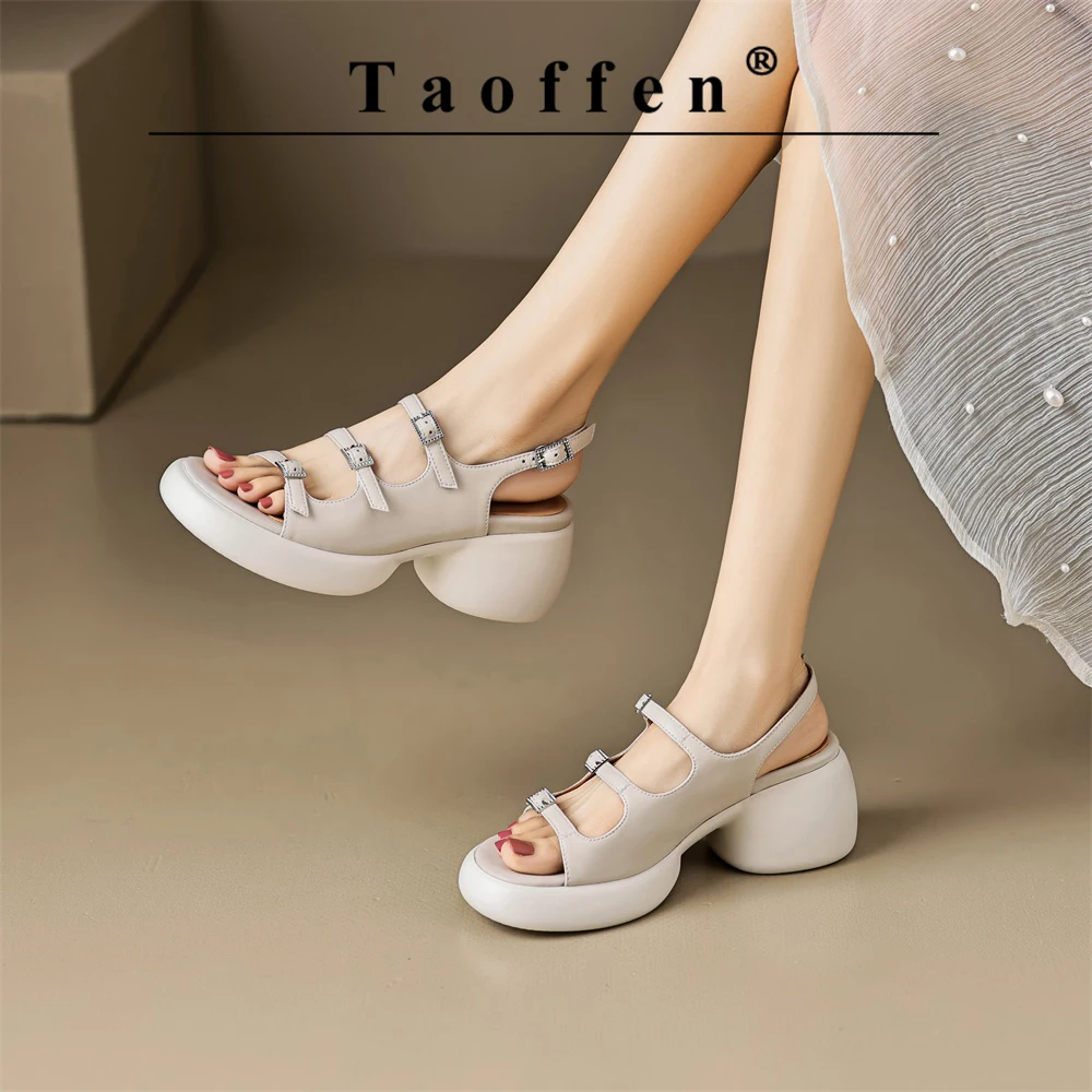 Taoffen Sweet Genuine Leather Sandals For Women Street Style Thick Sole Sandals Summer Holiday Double Buckle Strap Lady Shoes