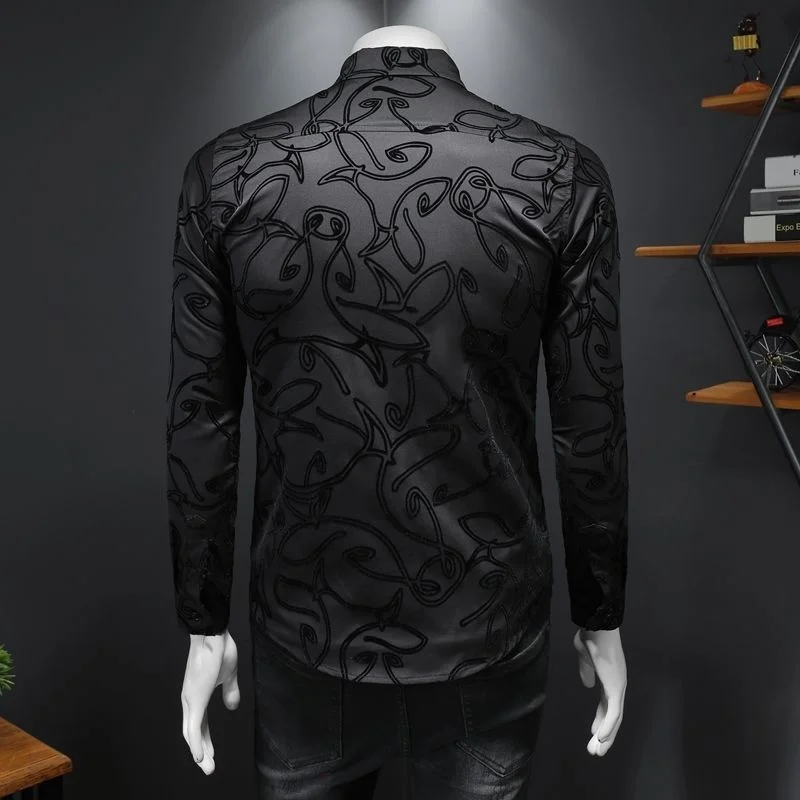 Graffiti Fall 2023 Men Flocking Casual Shirt Men Long-sleeved Shirt 5xl Men Trend Brand Business Vestido Social Club Dress Shirt