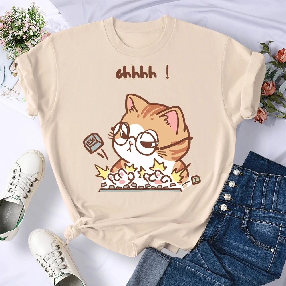 Camiseta mit Estampado de Ucus Animados für DamenTop Ucado und Suave mit Cuello Redondo Ropa informelles Crazy Cat Typing
