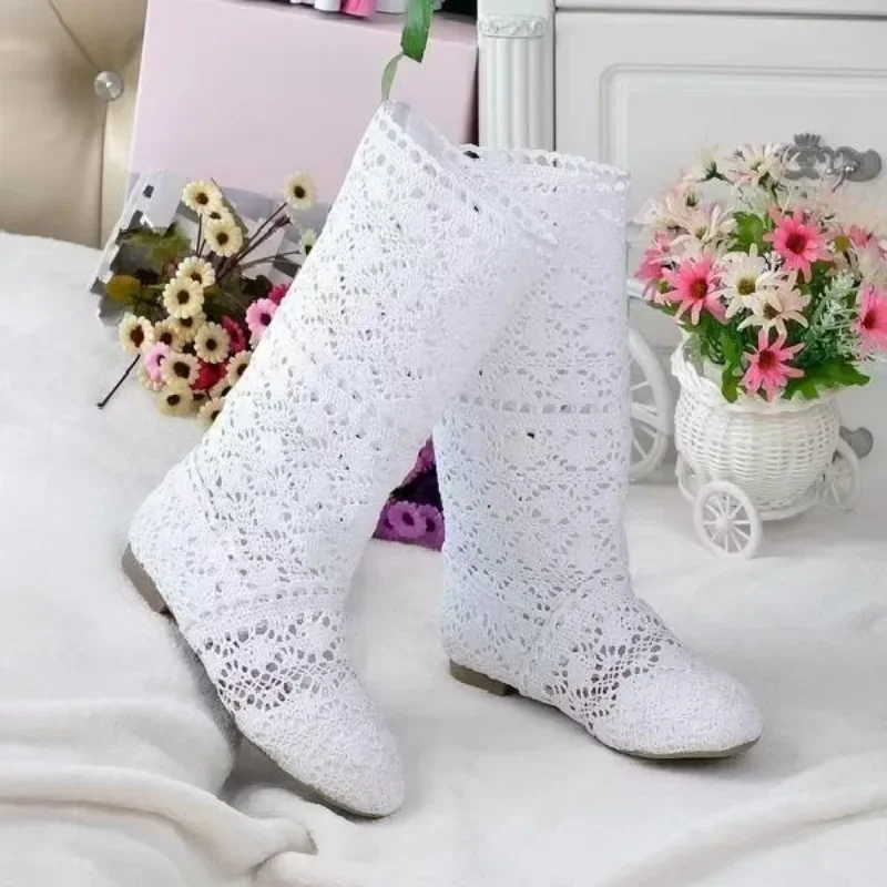 High Quality 2024 Hollow Boots Shoes Breathable Knit Line Mesh Boots Summer Women Boots Knee High Womens Shoes 35-41