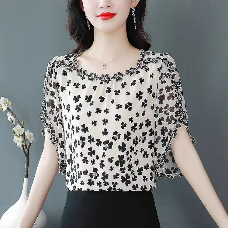 2024 Korean Fashion Summer Women's Round Neck Printing Bow Bright Line Decoration Elegant Short Sleeve Loose Chiffon Shirt Tops