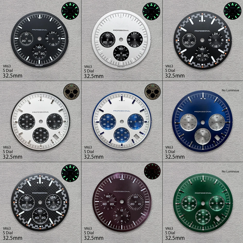 

32.5mm S Logo Speed Dial Fit VK63 Quartz Movement Green Luminous Panda Matte Watch Modification Accessories