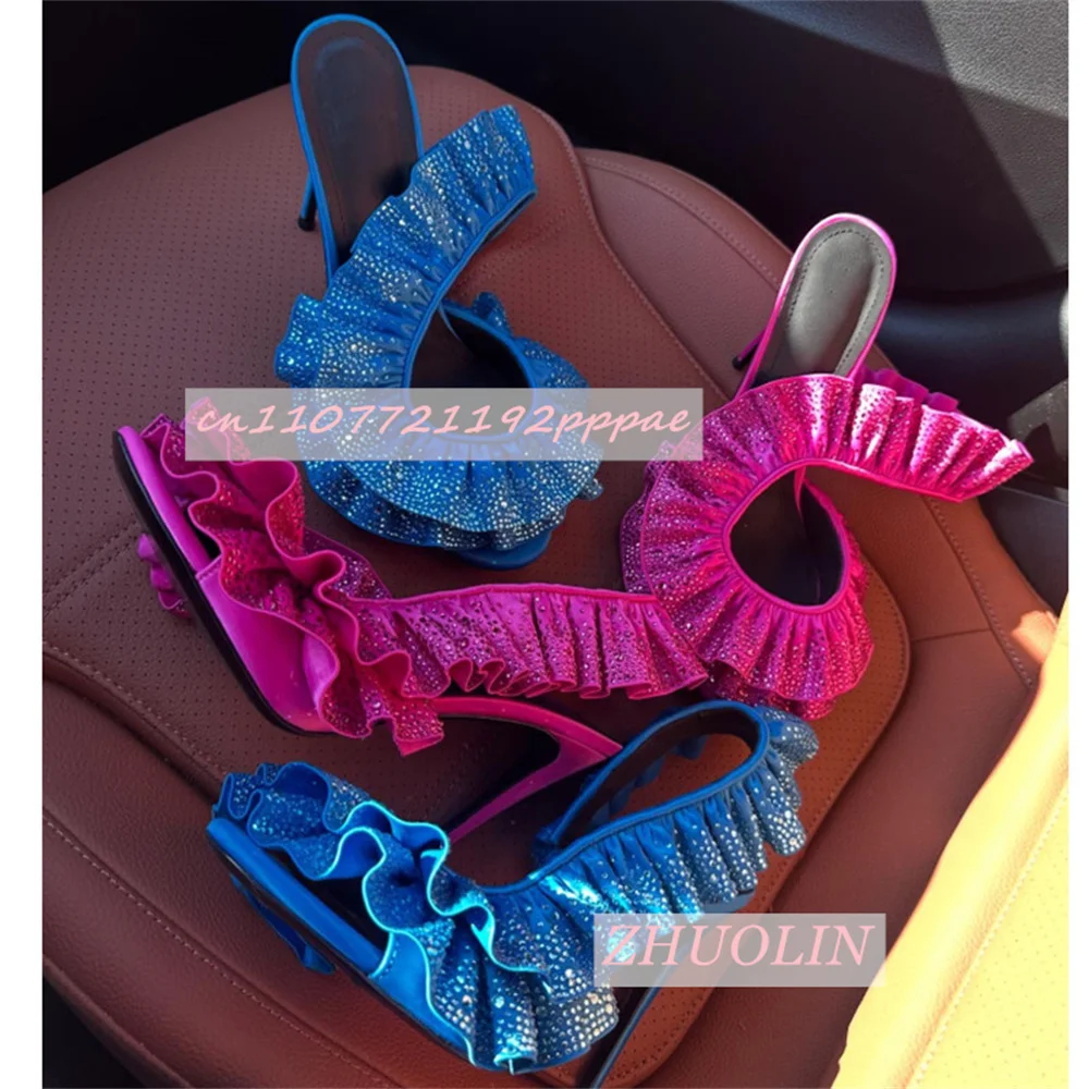 

Summer Ruffle Rhinestone Stiletto Sandals Women Red Satin Round Toe High Heels Elegant Prom Party Open Toe Shoes Zapatos Mujer