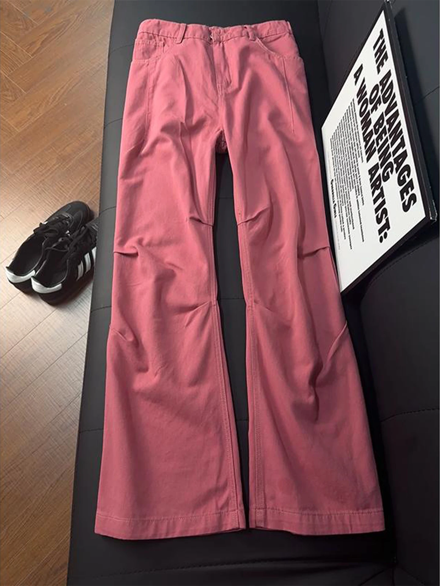 Pink Washed American Folded Work Pants Men's Retro Loose Wide Leg Micro Flared Pants Drape Straight Casual Pants