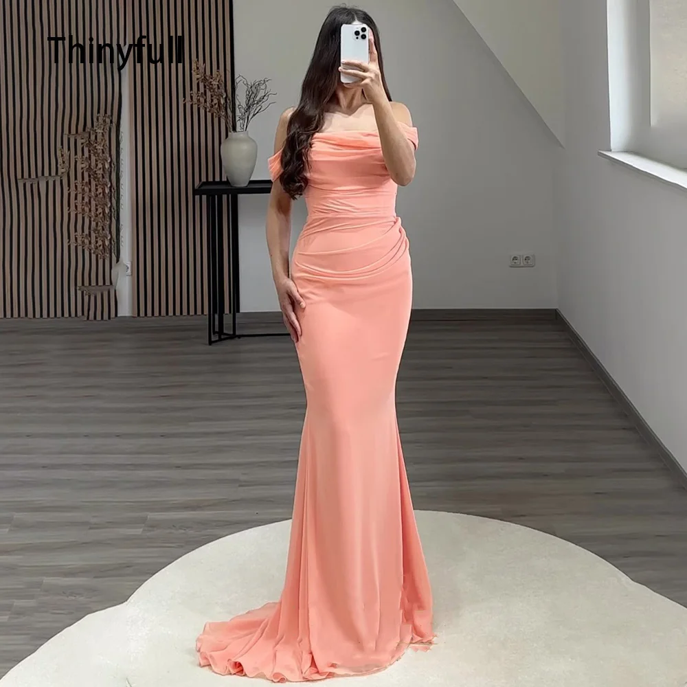 

Thinyfull Saudi Arabia Pink Mermaid Evening Party Dress Off Shoulder Pleat Prom Gowns Dubai Formal Occasion Dress Events Dresses