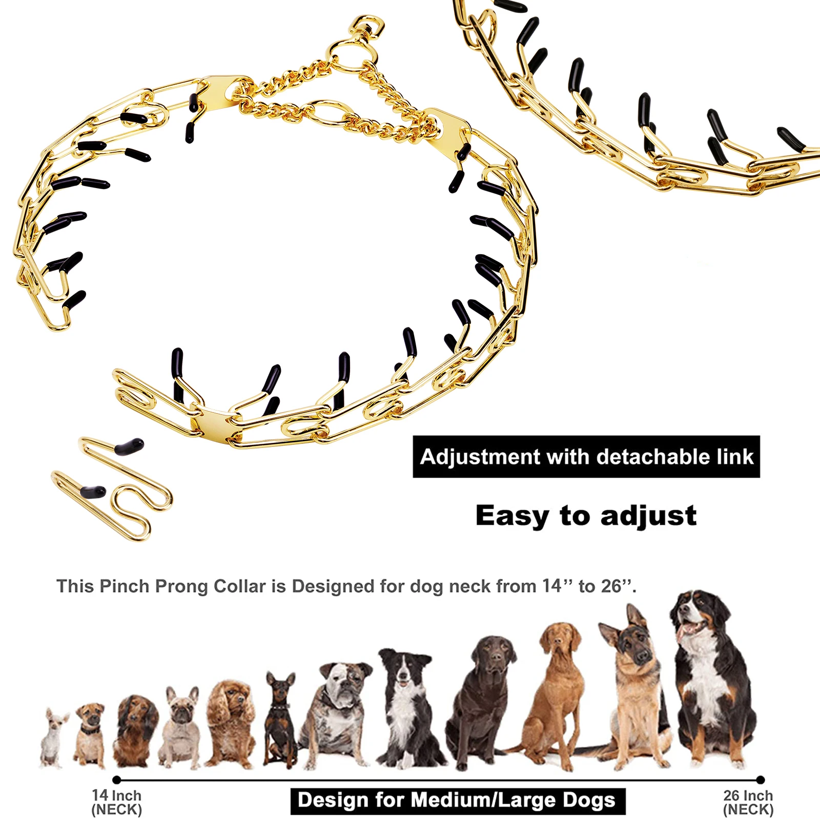 18K Gold Removable Pet Link Chain Pinch Dog Training Prong Collar Adjustable Stainless Steel Spike Necklace with Comfort Rubber