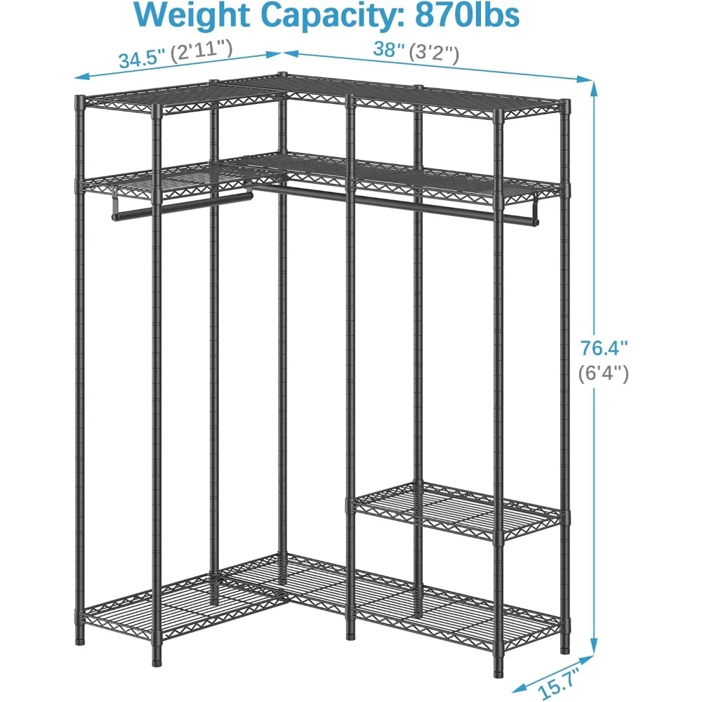 رف ملابس زاوية، خزانة قائمة بذاتها شديدة التحمل على شكل حرف L مع أرفف قابلة للتعديل وقضبان تعليق، خزانة ملابس زاوية P #4