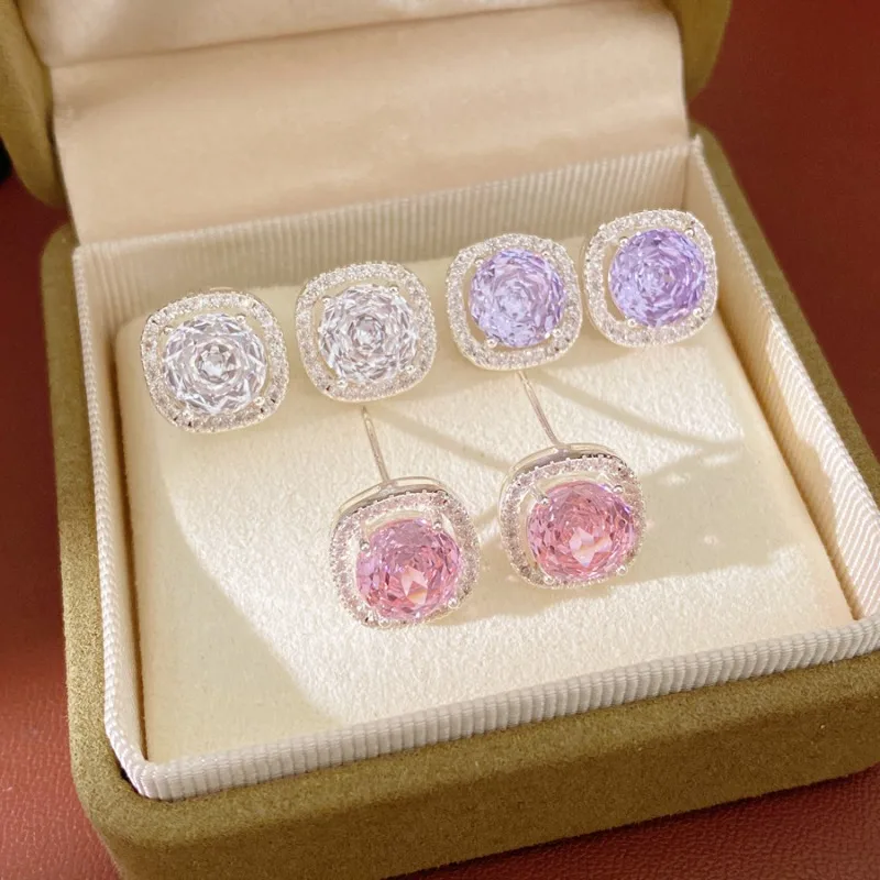 

3Colors Brilliant Halo Zircon Stud Earrings 925 Silver Needle Korean Luxury Square Earrings Women Daily Party High-Grade Jewelry