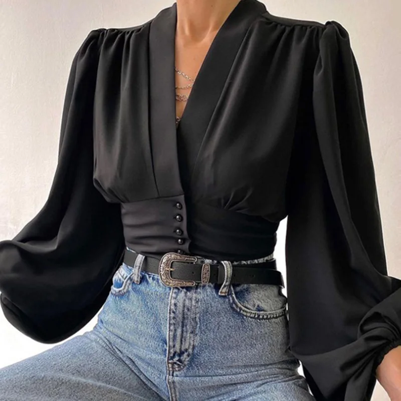 Big Lantern Sleeve Blouse Women Temperament Slim Shirt 2023 Autumn Lady Sexy V-neck Button Tops Elegant Green Office Work Blouse