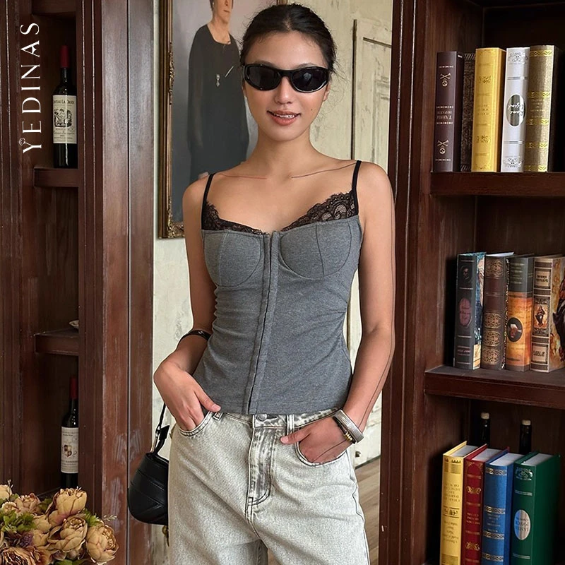 Y2k Patchwork Lace Camisole Sexy Summer Top Streetwear Elegant Slim Sleeveless Clubwear