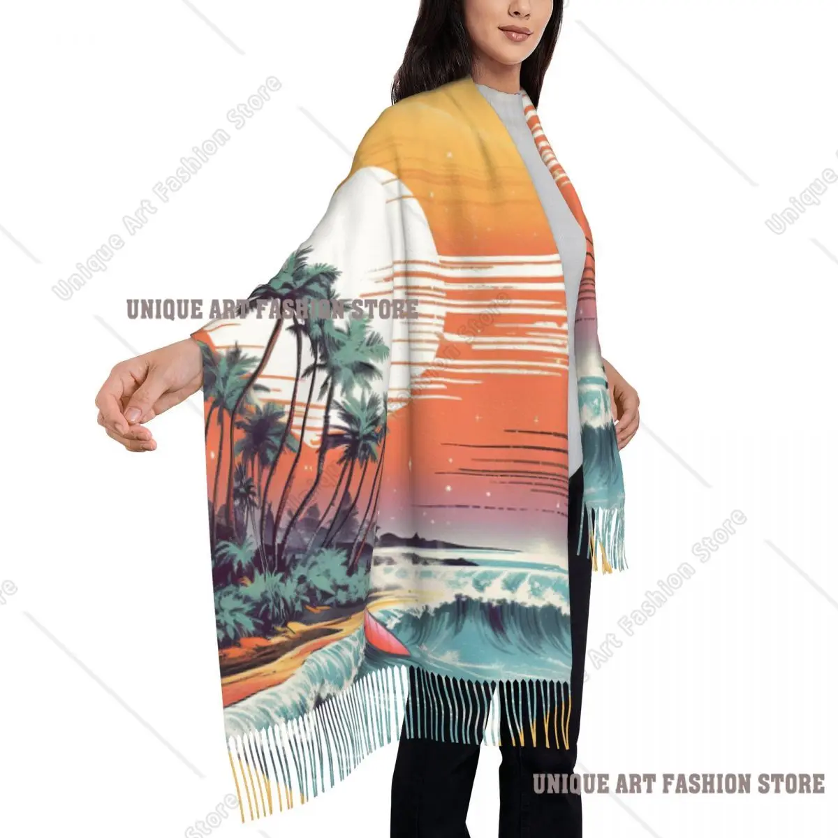 Grand foulards de plage de Surf personnalisés pour femmes, châle épais et chaud avec pompon, enveloppe d'aventure, Camping, camping-car en montagne, hiver