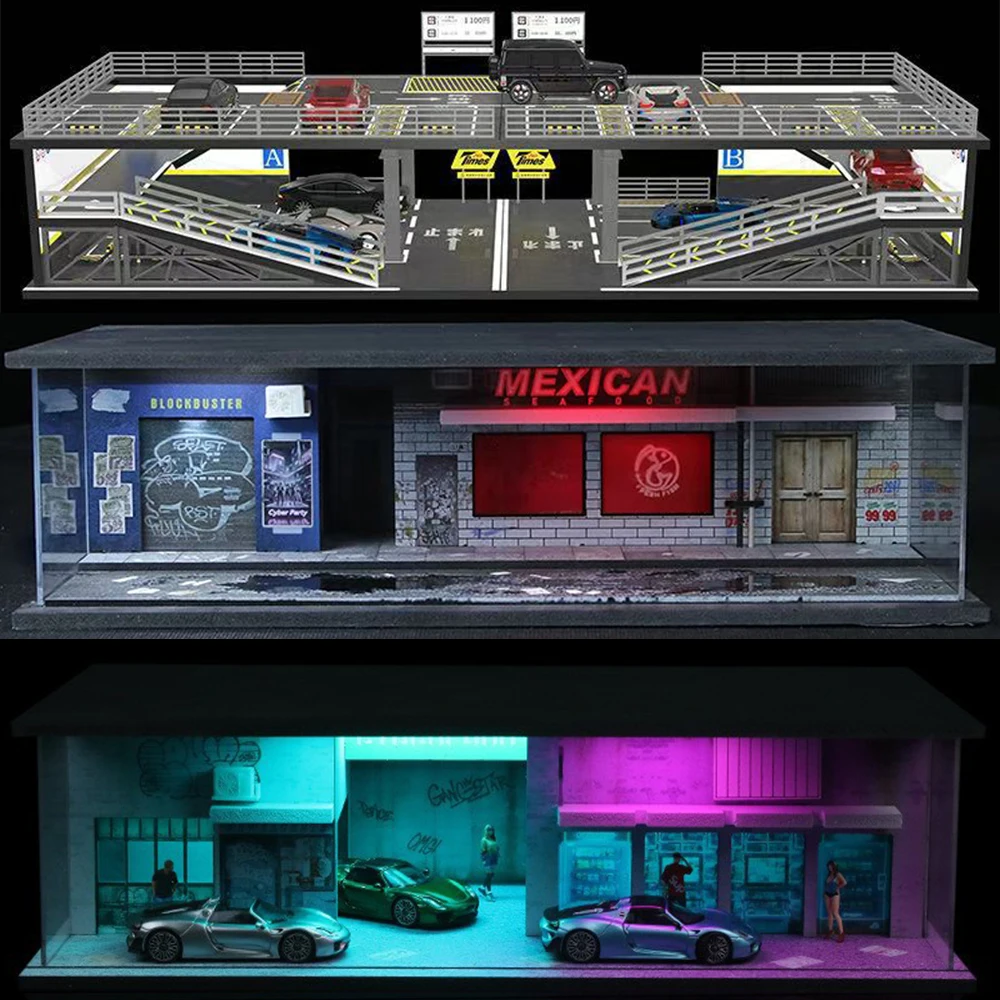 

1/64 Scale Car Assembly Diorama Models Parking Lot Scene Miniature Display Garage Collectible Gifts for Display