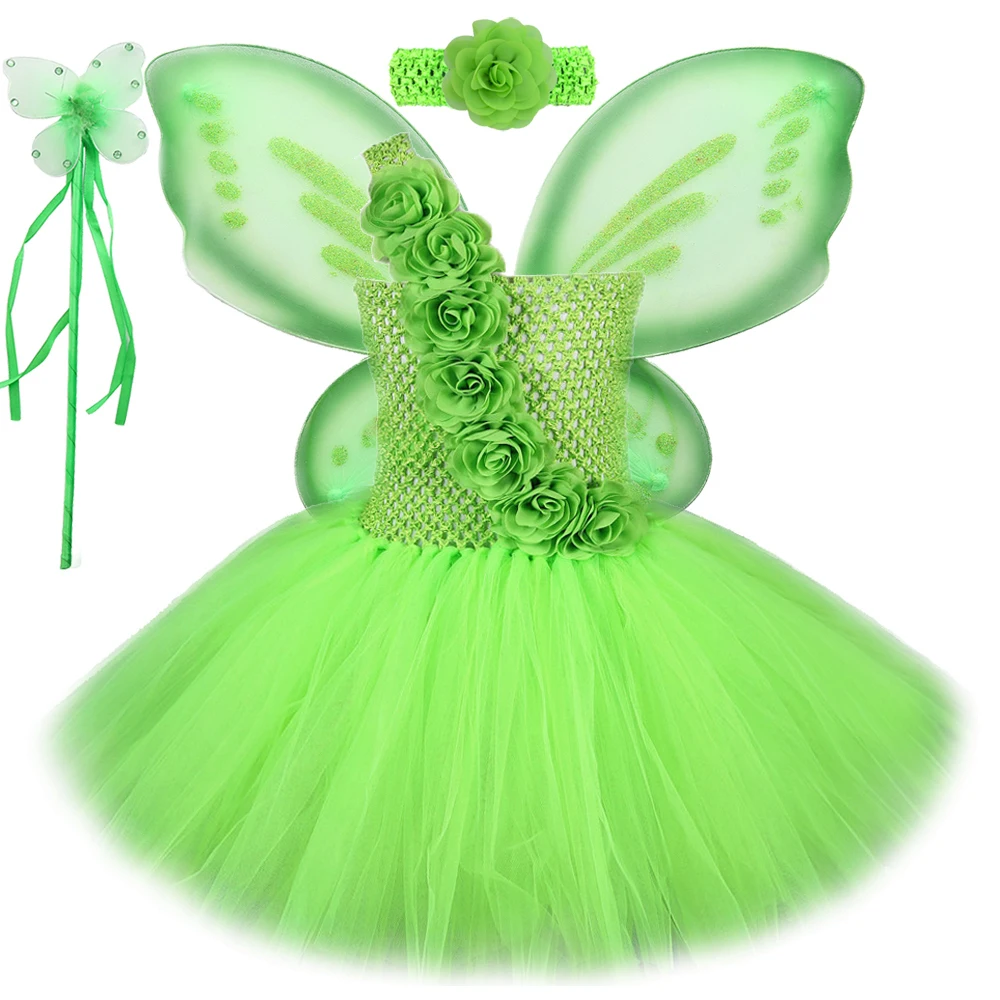 Green Flower Fairy Princess Dresses for Girls Christmas Carnival Elf Costume for Kids New Year Fancy Outfit with Butterfly Wings