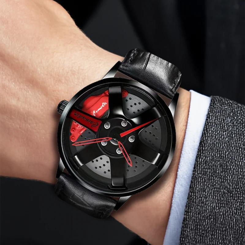 Un orologio al quarzo analogico da uomo con cinturino nero alla moda con ruota da corsa hip hop