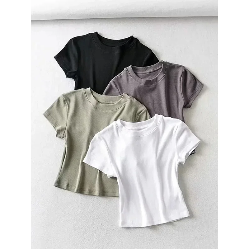 

JINIA Summer Sexy Women O-neck Short-sleeve T-shirt Slim Elastic Skinny Crop Tops