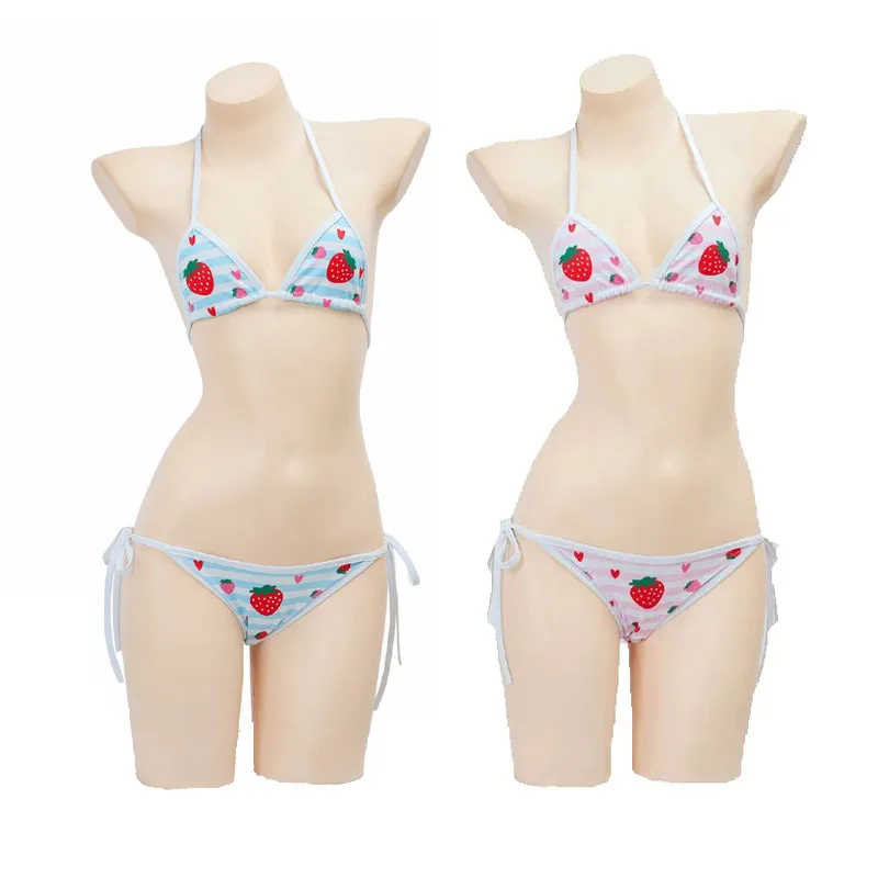 Cute School Gir Cosplay Bikini Swimwear Lolita Strawberry Print Lace Up Bathing Suit Low Waist Mini Bikinis Sets Beach Swimsuit