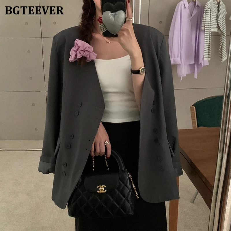 BGTEEVER Spring Loose Pockets V-neck Women Jackets Long Sleeve Double Breasted Ladies Blazer